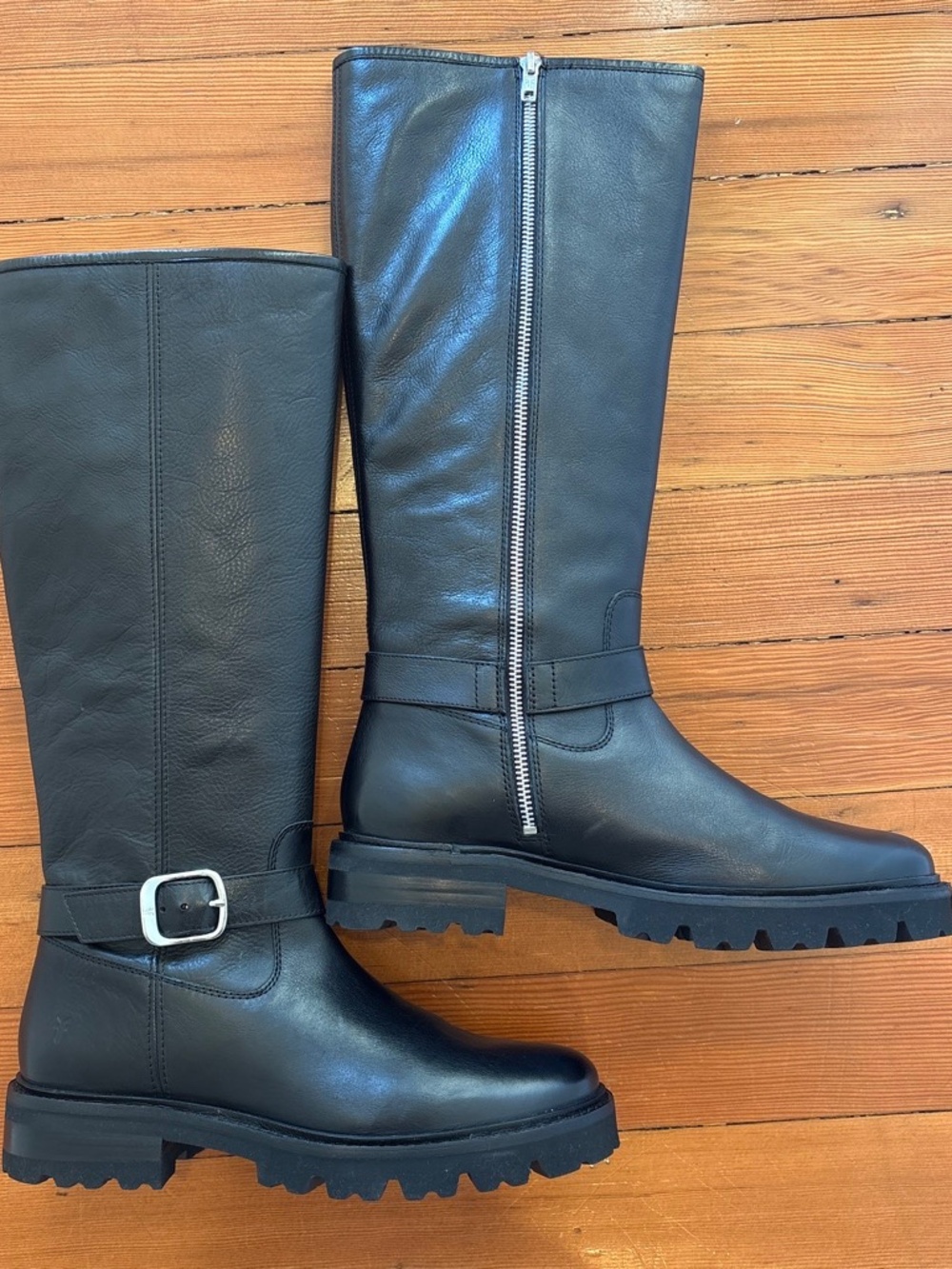 Frye Olivia Buckle Knee High Black Leather Boot